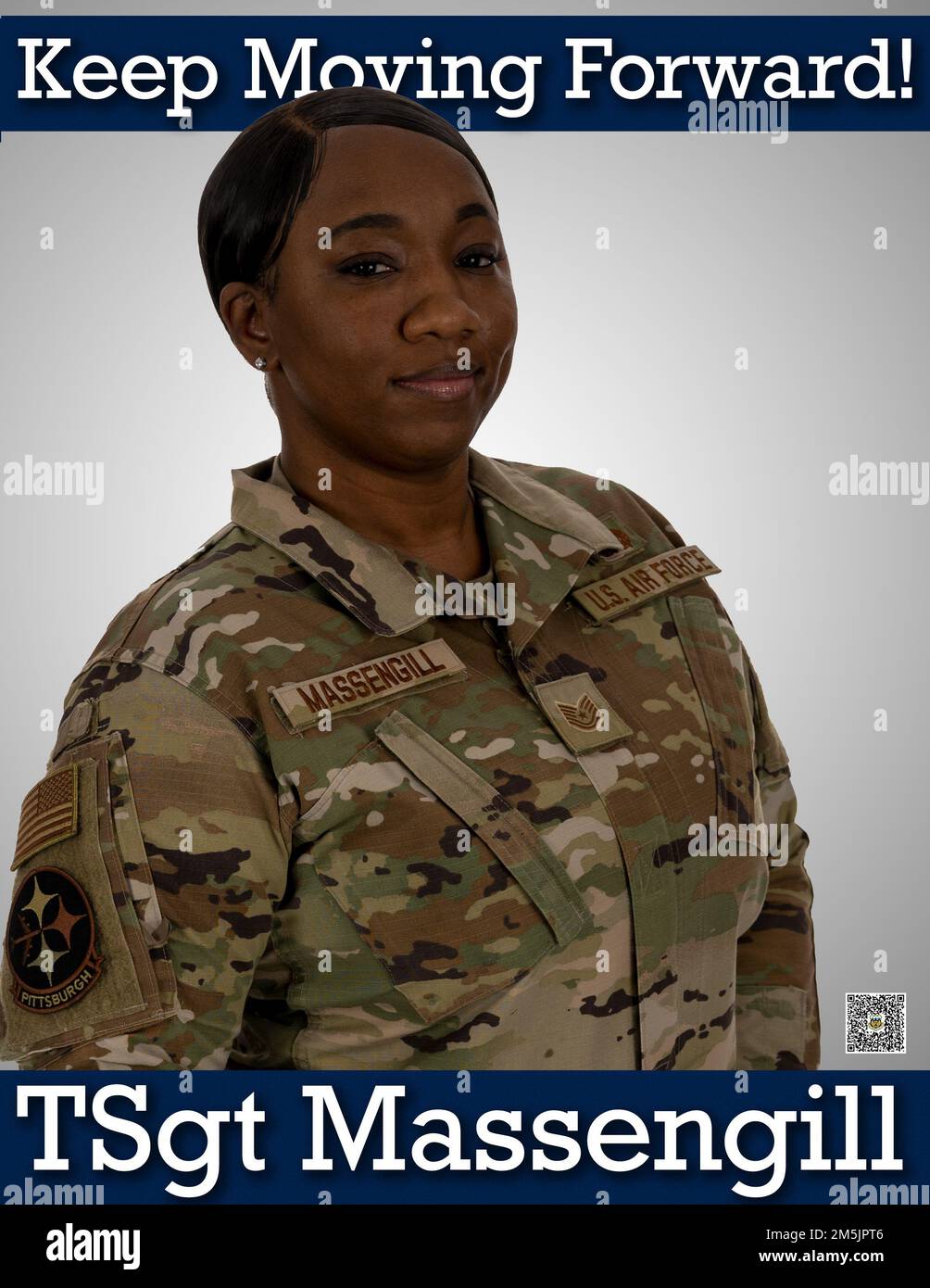 Pennsylvania Air National Guardsman, Tech. Le Sgt Ronnice Massengill, affecté au vol de recrutement, 171st Air ravitailling Wing Wing pose une image avec des graphiques superposés pour un article de fond « Keep Moving Foward ». (É.-U. Illustration de la Garde nationale aérienne par Tech. Sergent Bryan Hoover) Banque D'Images