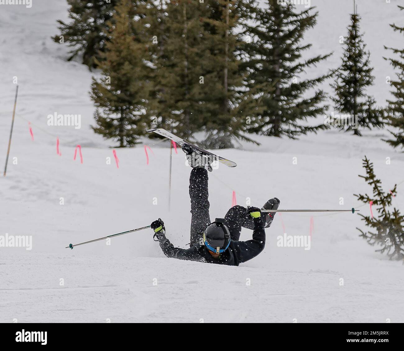 Scyrrus Corregidor, un fantassin affecté au 1st Bataillon, 12th Infantry Regiment, 2nd Stryker Brigade combat Team, 4th Infantry Division, tombe alors qu'il tente une pente pour débutants lors de son voyage de ski et de snowboard à 19 mars 2022, à Pagosa Springs, Colorado. Grâce aux programmes de famille et de moral, de bien-être social et de loisirs de l'Armée et de meilleures opportunités pour les soldats uniques, un peu moins de deux douzaines de soldats Ivy ont reçu une nuit gratuite à un hôtel et un laissez-passer pour les sources d'eau chaude locales. Banque D'Images