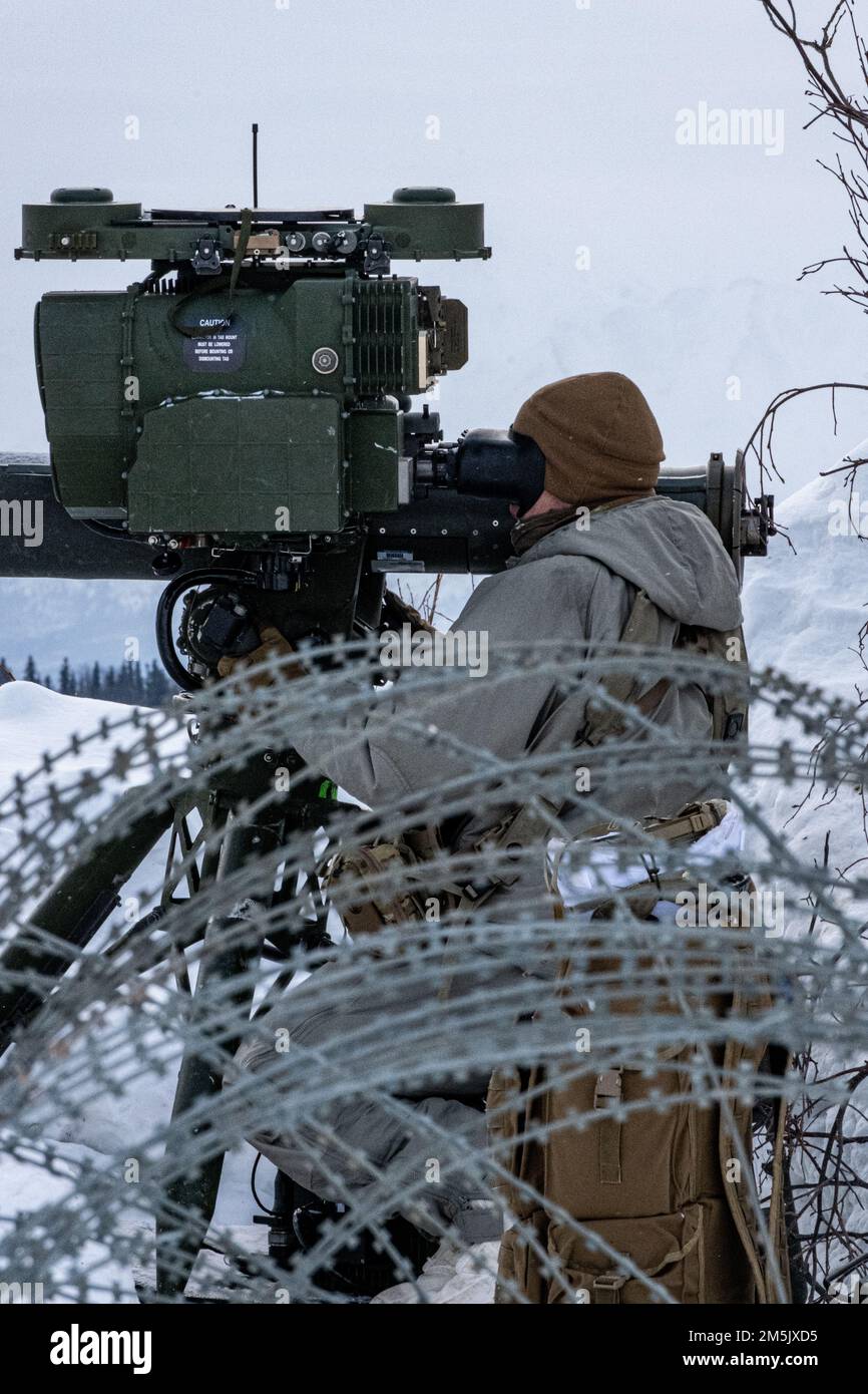 Sergent Kevin Potter, Delaware Company, 1st Bataillon, 501st parachute Infantry Regiment, 4th Brigade combat Ram (Airborne), 25th Infantry Division, États-Unis L'Armée de terre de l'Alaska surveille une ligne de crête opposée dans la zone d'entraînement de Donnelly, fort Greely, en Alaska, en utilisant un système d'acquisition de cibles amélioré pendant le joint Pacific multinational Readiness Centre 22-02, on 21 mars. Le JPMRC 22-02 est la première rotation du Centre régional d'entraînement au combat (CTC) en Alaska. Il se concentre sur les opérations de combat à grande échelle (LSCO) et est un événement d'entraînement par temps froid qui comprend un exercice d'entraînement de situation (STX) et un tir en direct ex Banque D'Images