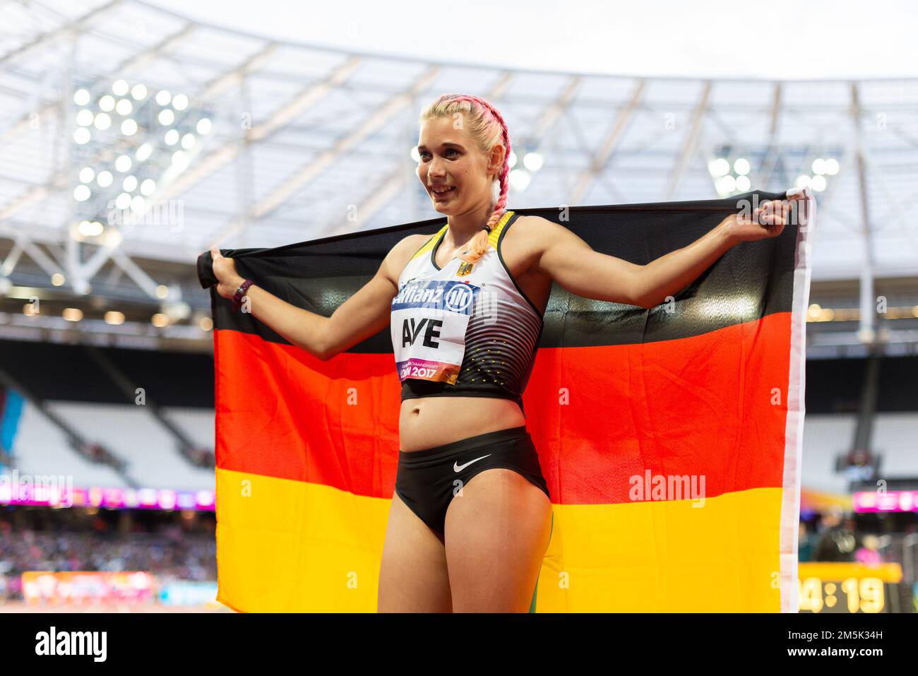 Lindy Ave célèbre après avoir terminé 3rd dans le Women's T38 100m dans les Championnats du monde d'athlétisme Para 2017 à London Stadium, Royaume-Uni. Athlète allemand Banque D'Images