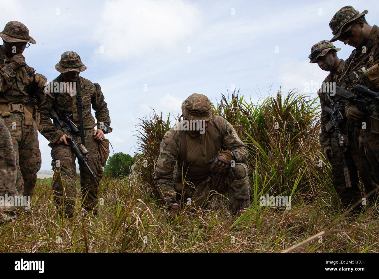 Un British Royal Marine Commando avec 40 Commando Royal Marines, discute de l'entraînement lors d'un exercice expérimental d'entraînement dans la jungle, base navale Guam, Guam, 20 mars 2022. L’exercice Noble Arashi fait partie de la série Noble d’exercices de 31st de l’UGM, qui sont utilisés pour valider ou invalider la famille des concepts navals, développer des techniques et des procédures pour l’emploi des actifs de l’UGM à l’appui du déni de la mer et de la manœuvre de la flotte, et éclairer les futurs efforts de conception et d’expérimentation des forces. Le MEU de 31st opère à bord de navires du groupe America Strike dans la zone d'opérations de la flotte de 7th pour renforcer l'int Banque D'Images