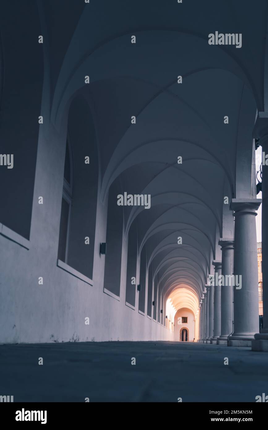 Un couloir avec de grandes colonnes et des arches blanches, verticales Banque D'Images
