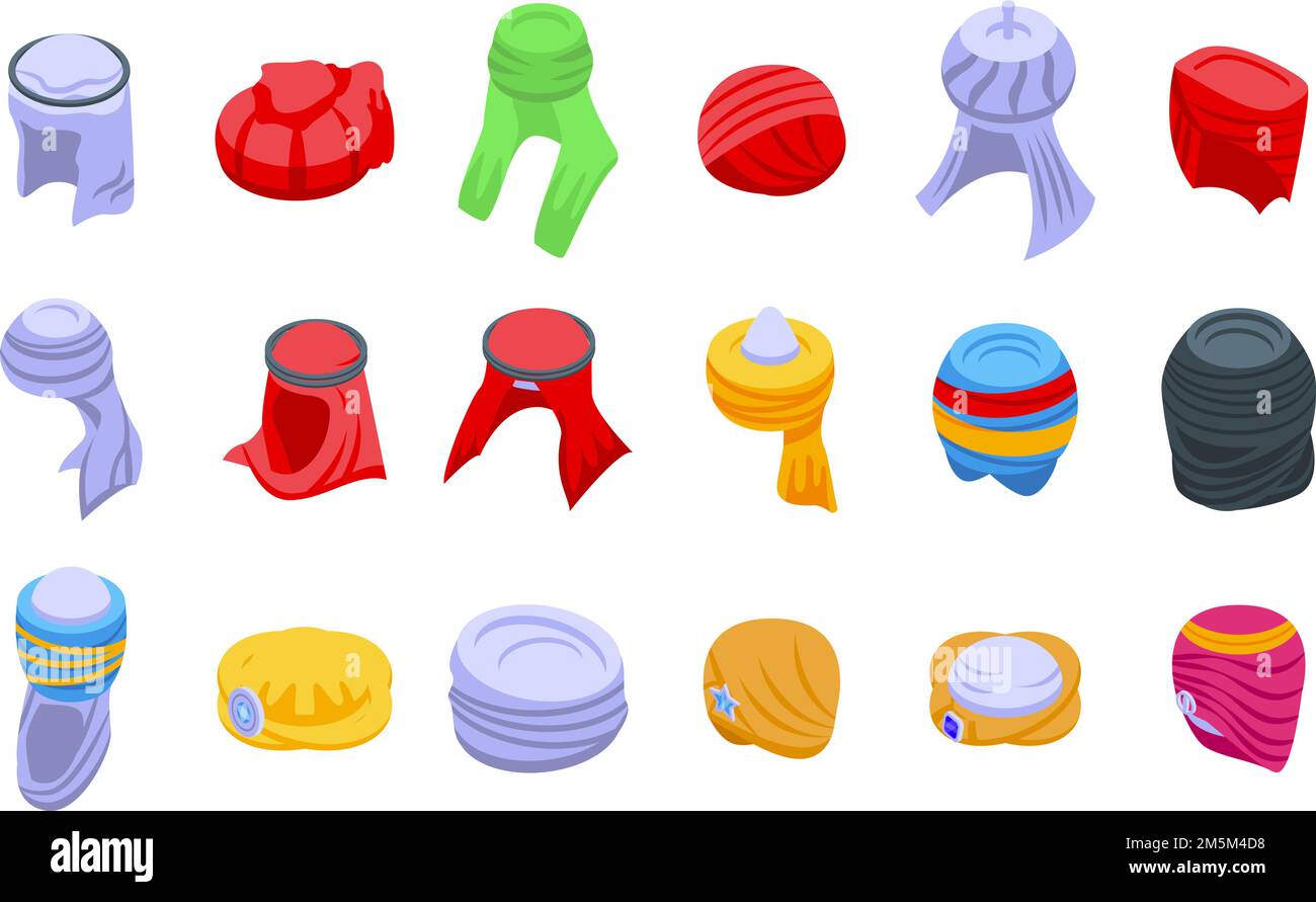 Les icônes de turban en arabe définissent le vecteur isométrique.Chapeau arabe.Accessoires orientaux Illustration de Vecteur
