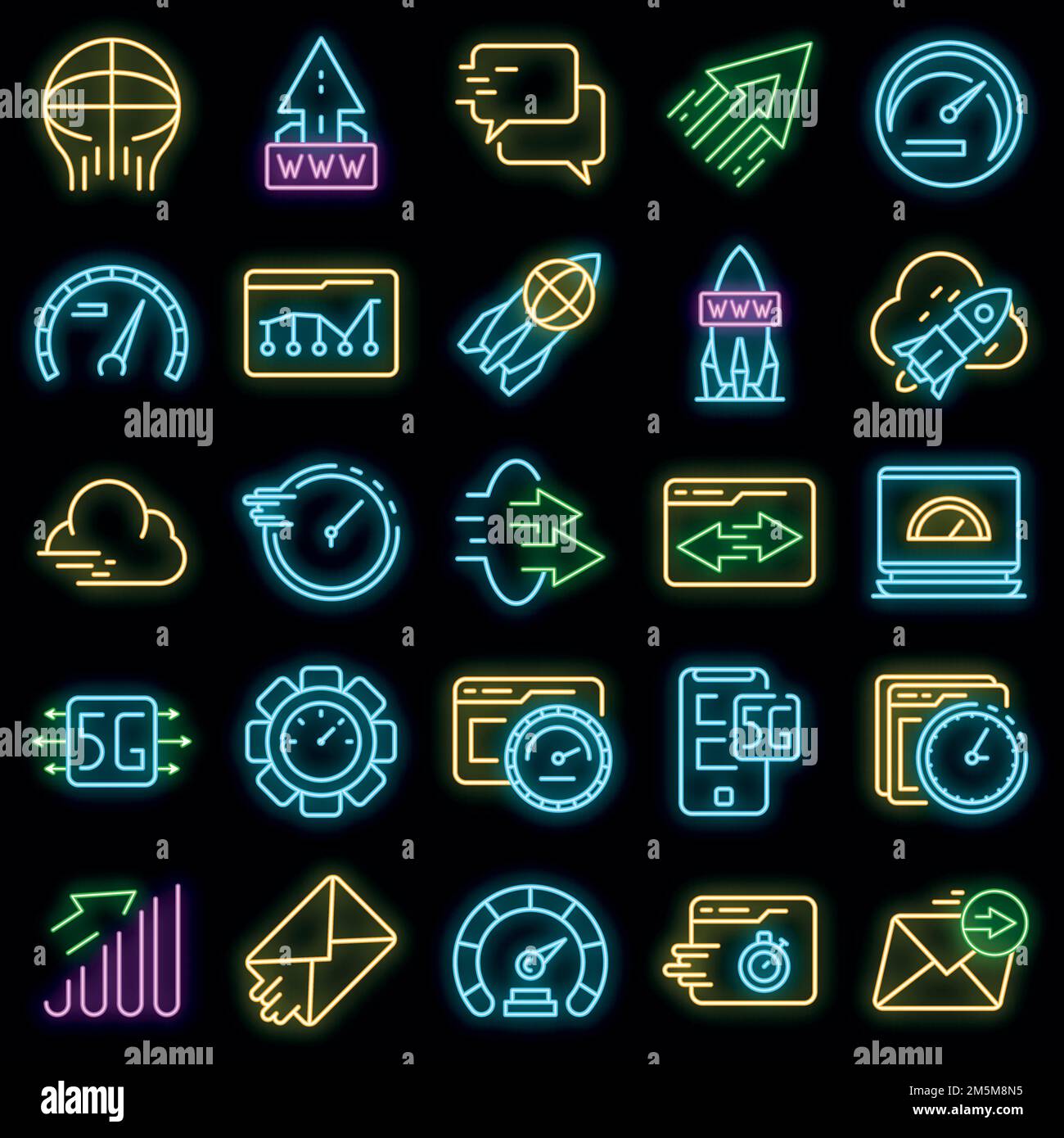 Icônes de vitesse Internet définies. Ensemble de contours d'icônes de vecteur de vitesse Internet couleur néon sur noir Illustration de Vecteur