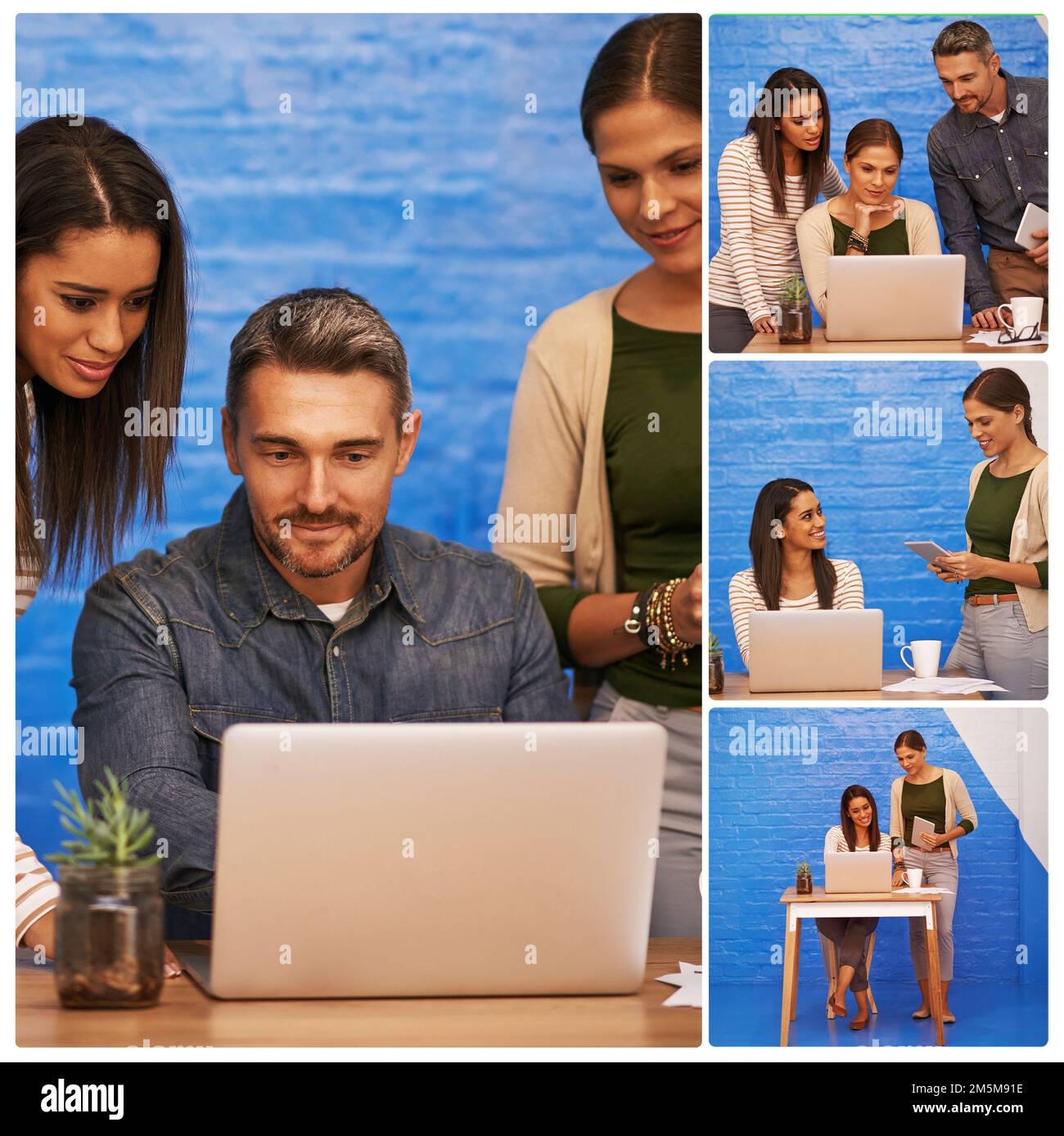 Maintenir leur entreprise en ligne. Image composite des hommes d'affaires travaillant au bureau. Banque D'Images