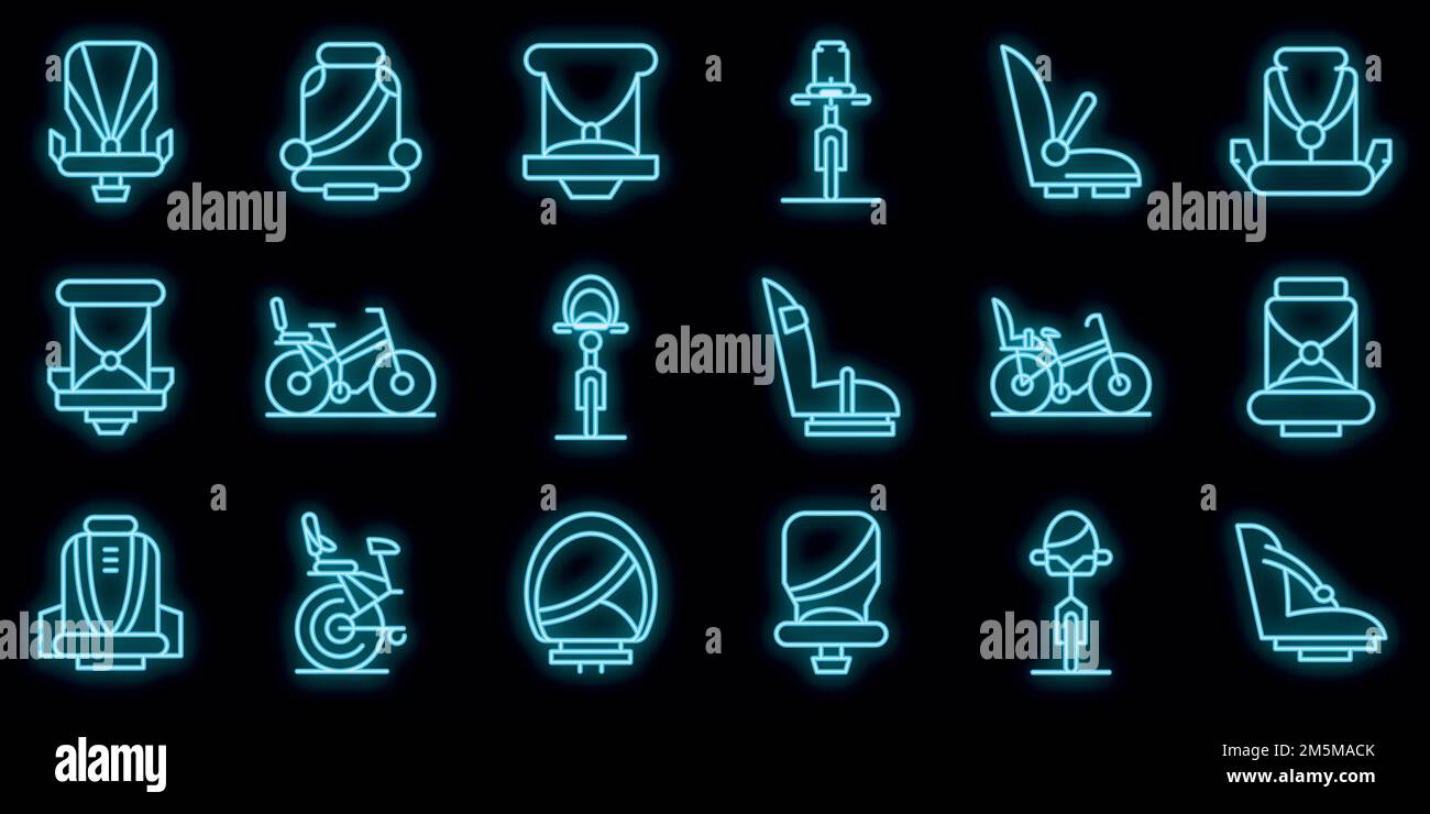 Jeu d'icônes de vélo de siège d'enfant. Ensemble de contours de siège d'enfant symboles vectoriels de vélo de couleur néon sur noir Illustration de Vecteur