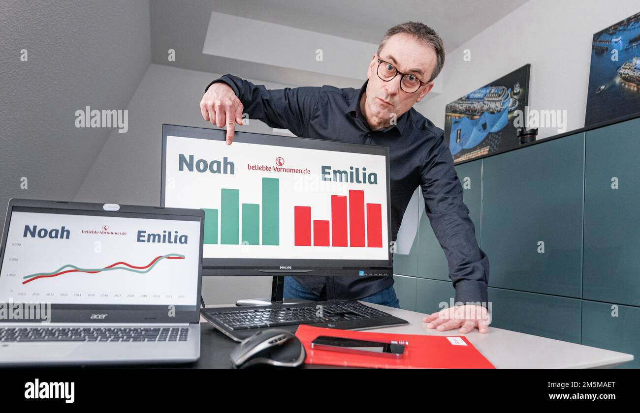 Ahrensburg, Allemagne. 29th décembre 2022. Knud Bielefeld, expert en First name, pointe dans son bureau sur les noms de Noah et Emilia, les favoris pour l'année 2022. Il y a eu un léger mouvement dans la liste des 10 premiers noms les plus populaires : Alors que parmi les filles le nom Emilia reste au numéro 1 dans le classement de l'expert de prénom Knud Bielefeld, Noah a maintenant atterri au sommet après 2020 (à dpa 'Emilia et Noah sont les gagnants de premier nom en 2022 - Nelio et Theo sur la hausse"). Credit: Markus Scholz/dpa/Alay Live News Banque D'Images