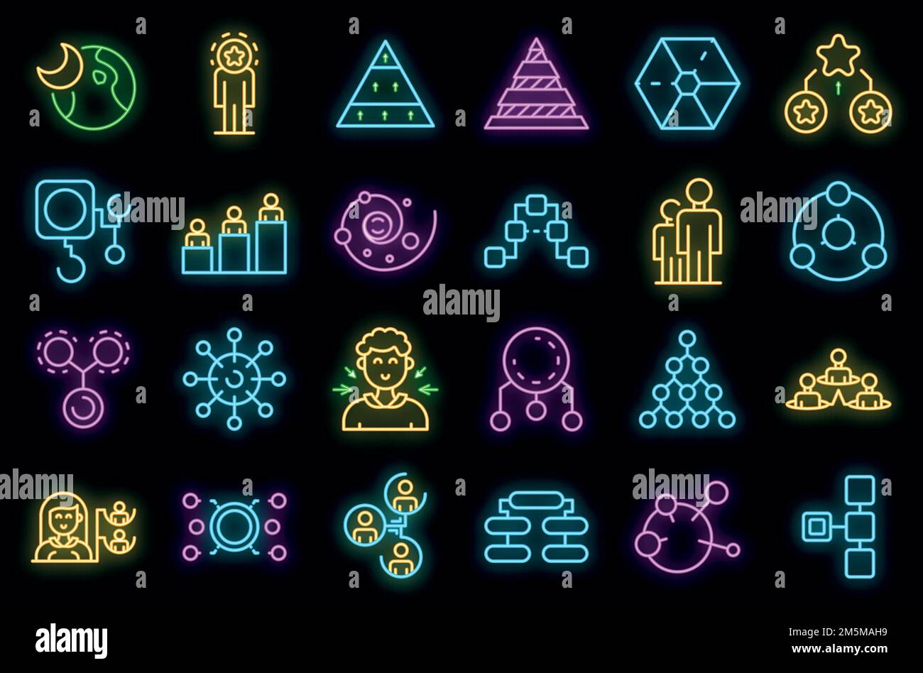 Ensemble d'icônes de hiérarchie. Ensemble de contours des icônes vectorielles de hiérarchie couleur néon sur noir Illustration de Vecteur