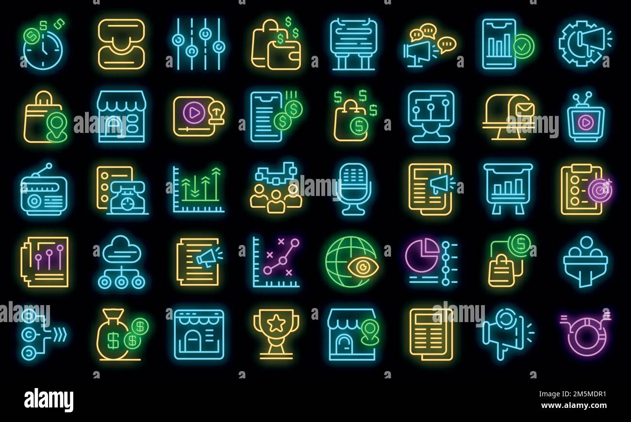 Ensemble d'icônes de marketing mix. Ensemble de contours de marketing mix vector icônes couleur néon sur noir Illustration de Vecteur