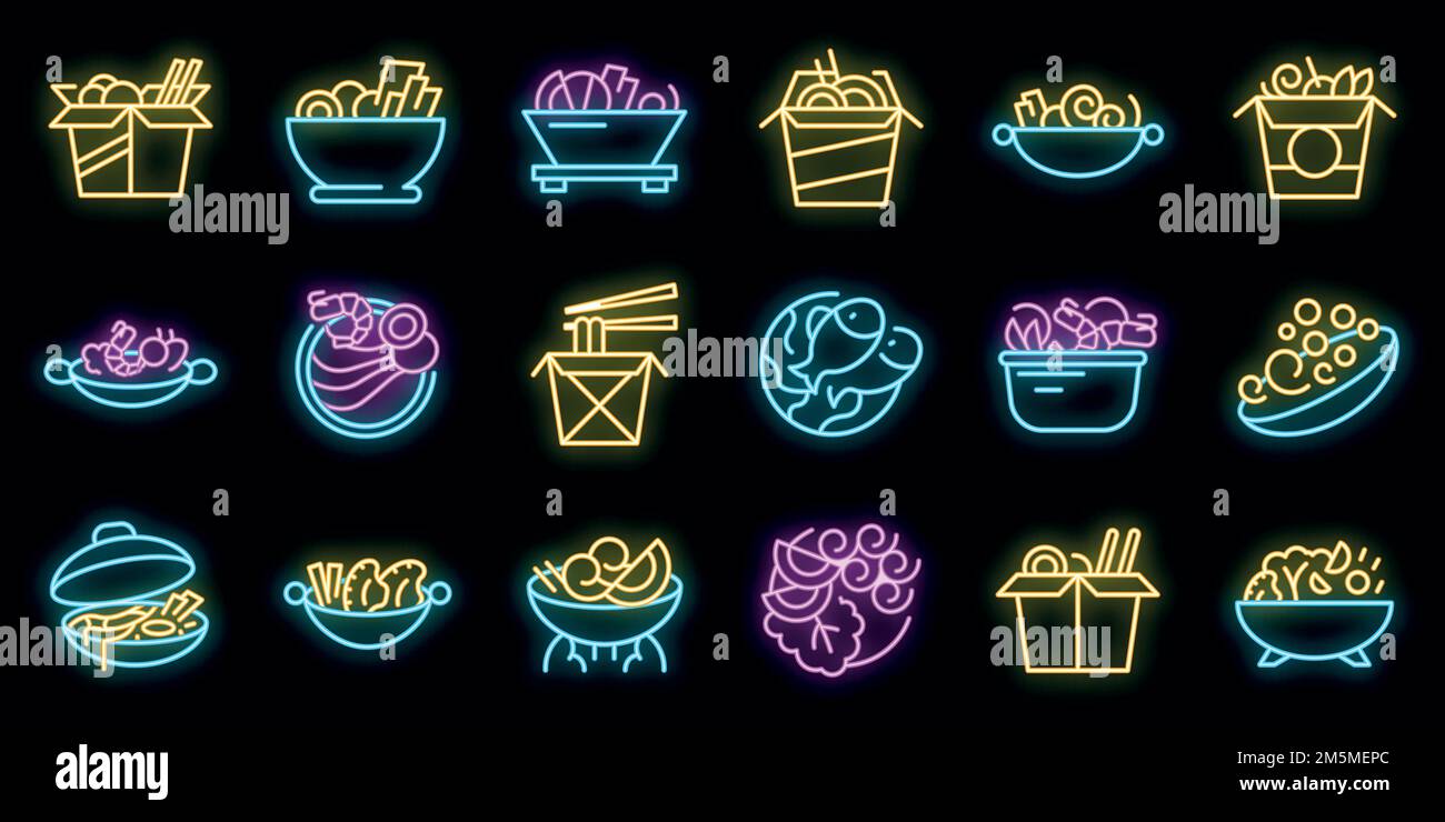 Icônes du menu wok définies. Ensemble de contours du menu wok icônes vectorielles couleur néon sur noir Illustration de Vecteur