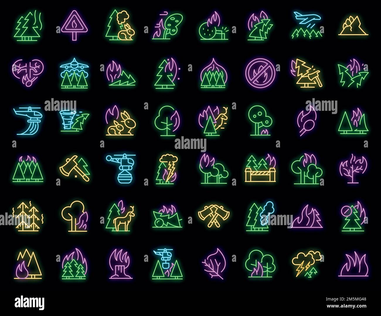 Ensemble d'icônes de forêt brûlante. Ensemble de contours des icônes vectorielles de forêt en feu de forêt néon couleur sur noir Illustration de Vecteur