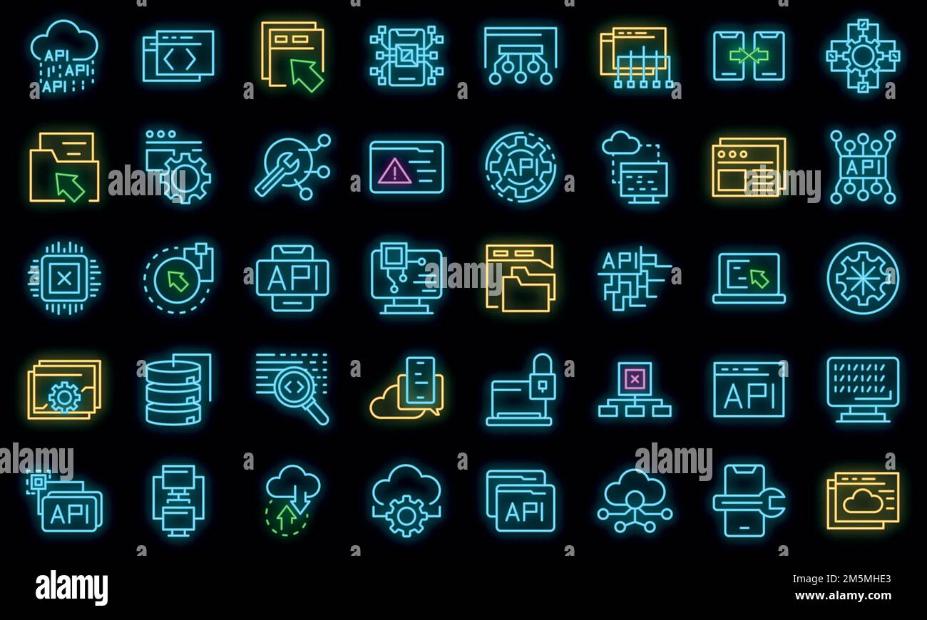 Icônes API définies. Ensemble de contours d'icônes vectorielles API couleur néon sur noir Illustration de Vecteur