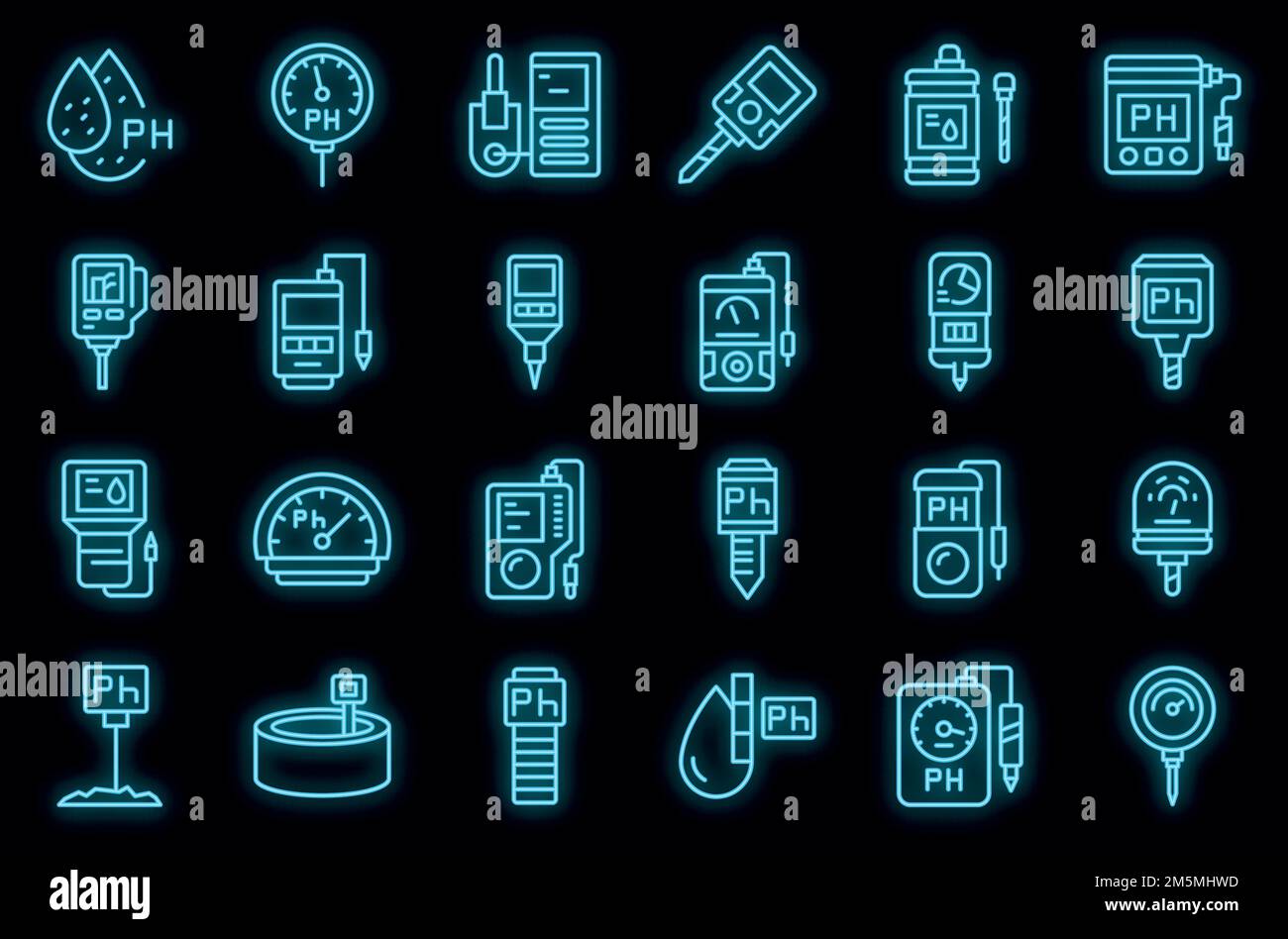 Jeu d'icônes de pH-mètre. Ensemble de contours des icônes vectorielles du ph-mètre couleur néon sur noir Illustration de Vecteur