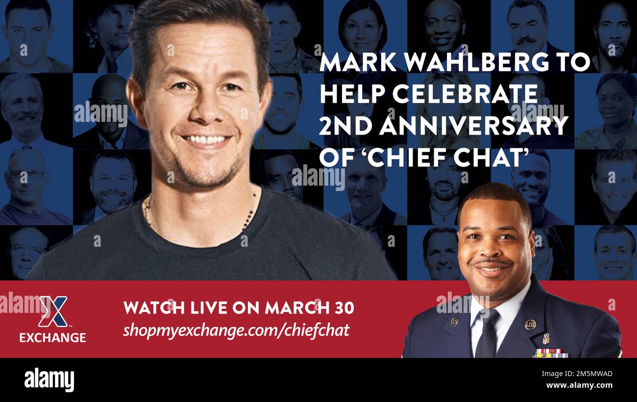 Rejoignez Mark Wahlberg pour célébrer le deuxième anniversaire du « Chief Chat » du Service d'échange de l'Armée de terre et de l'Armée de l'Air ! Syntonisez 30 mars à 12:30 Central pour regarder l'apparition de la superstar hollywoodienne sur la chaîne primée de la Bourse. Plus de 160 acteurs, athlètes, musiciens, dirigeants militaires et autres célébrités ont établi des liens avec des fans militaires par le biais du « Chief Chat » depuis sa création. Banque D'Images