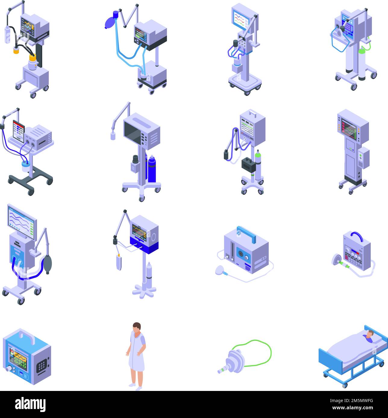 Icônes de ventilateur pour appareil médical définies. Ensemble isométrique d'icônes vectorielles de la machine médicale du ventilateur pour la conception Web isolée sur fond blanc Illustration de Vecteur