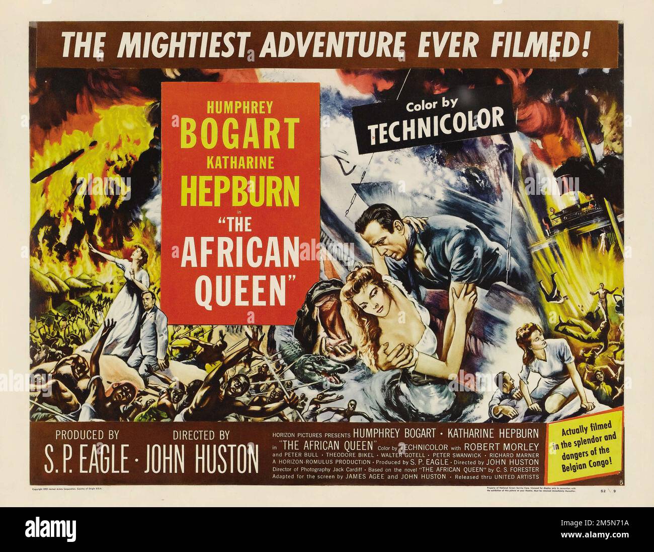 La Reine africaine (artistes Unis, 1952). Le style d'affiche de cinéma vintage B. Humphrey Bogart a remporté un Oscar comme meilleur acteur Banque D'Images