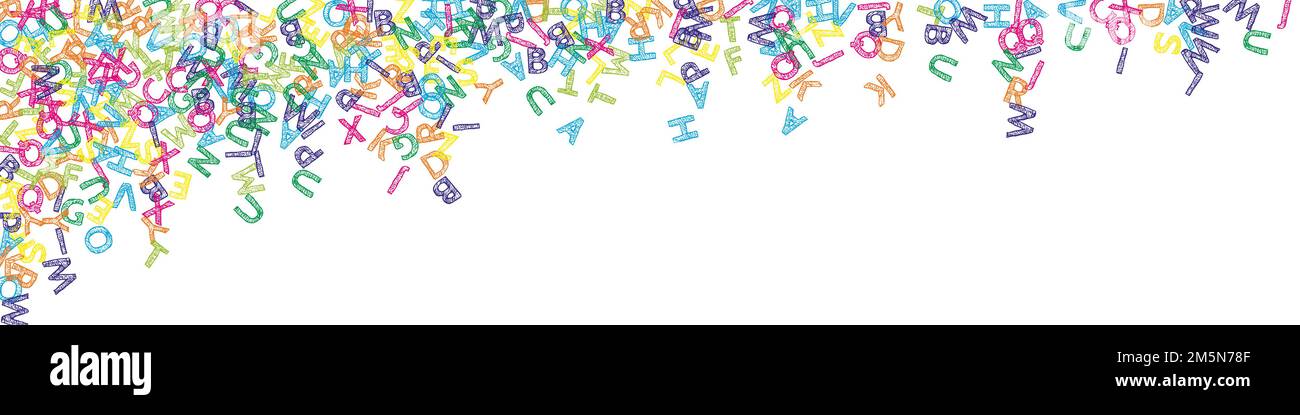 Chute de lettres de langue anglaise. Croquis coloré des mots volants de l'alphabet latin. Concept d'étude des langues étrangères. Sublime bannière rentrée Illustration de Vecteur