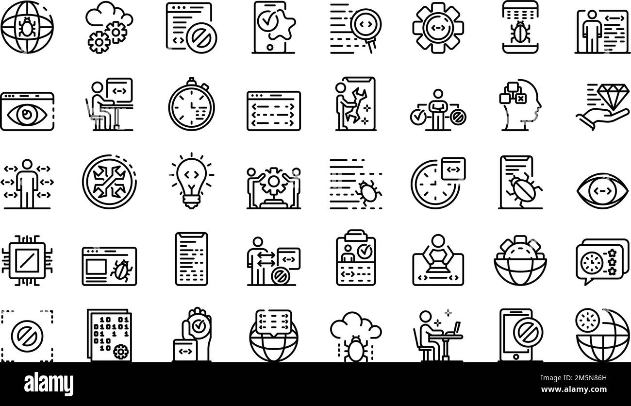 Test du jeu d'icônes du logiciel.Ensemble de tests d'icônes vectorielles de logiciel pour la conception Web isolée sur fond blanc Illustration de Vecteur