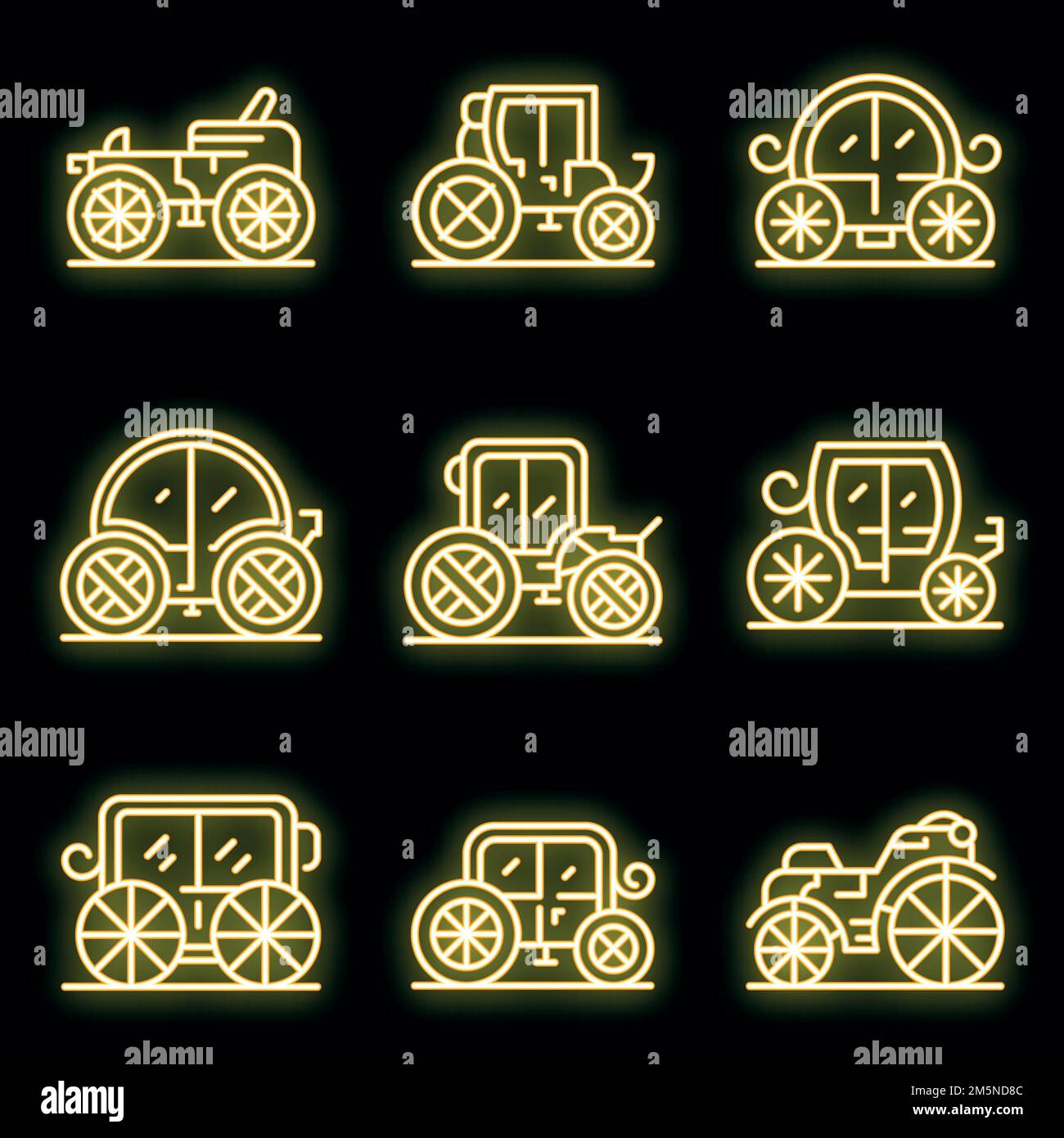 Jeu d'icônes Brougham. Ensemble de contours d'icônes vectorielles brougham couleur néon sur noir Illustration de Vecteur