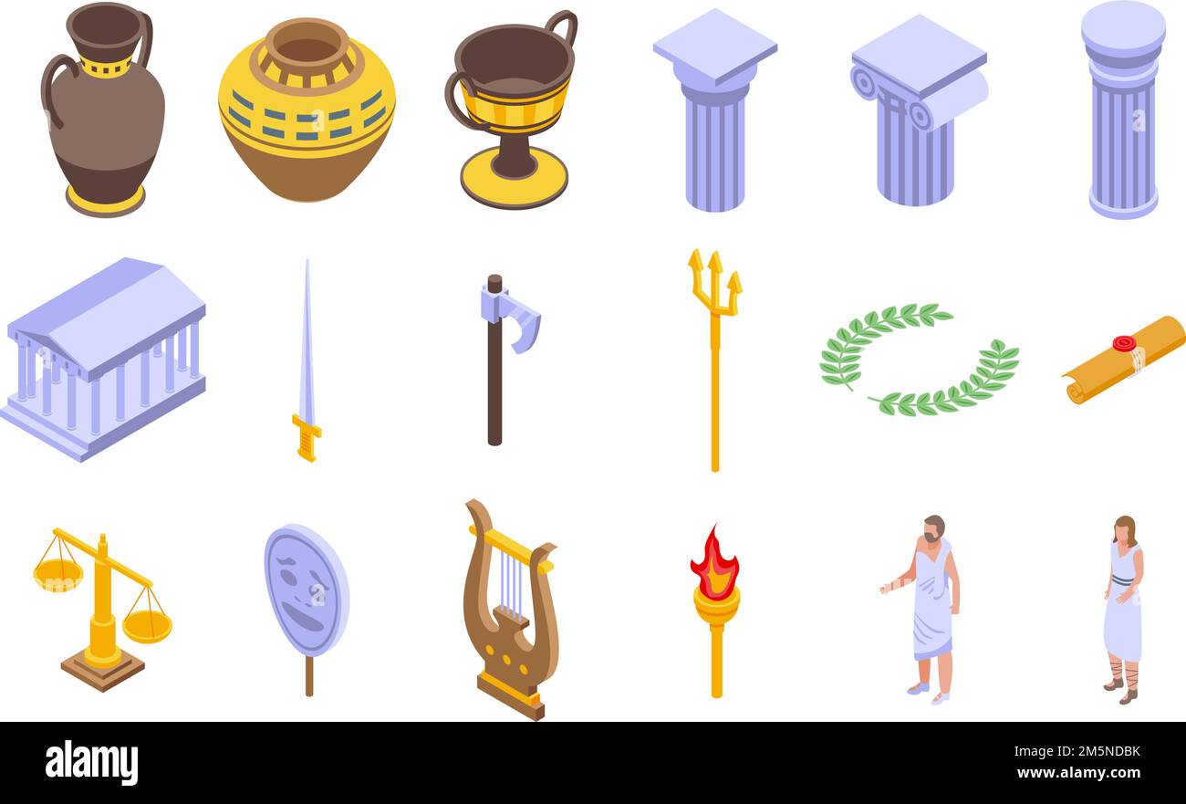 Icônes de la Grèce antique. Ensemble isométrique d'icônes vectorielles de la Grèce antique pour la conception de sites Web isolée sur fond blanc Illustration de Vecteur