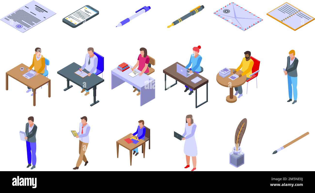 Jeu d'icônes d'écriture.Ensemble isométrique d'icônes vectorielles d'écriture pour la conception Web isolée sur fond blanc Illustration de Vecteur