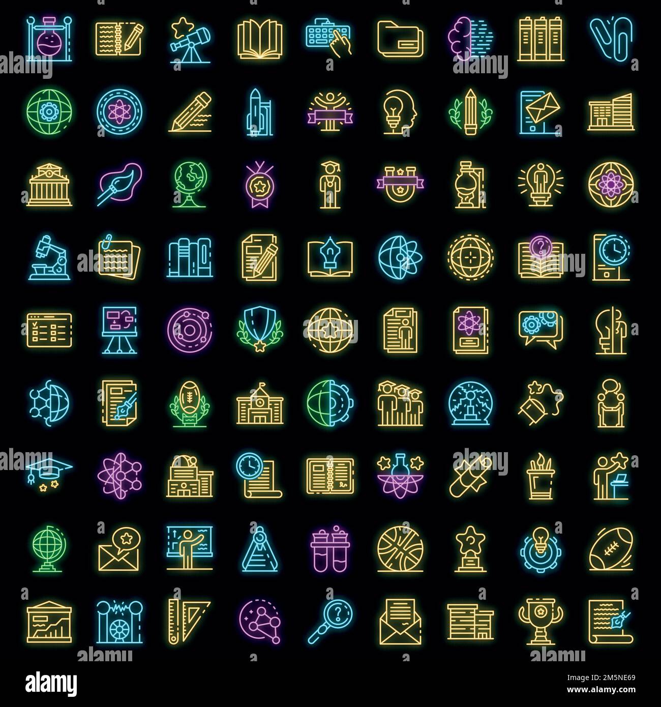 Icônes université définies. Ensemble de contours d'icônes vectorielles universitaires couleur néonatale sur noir Illustration de Vecteur