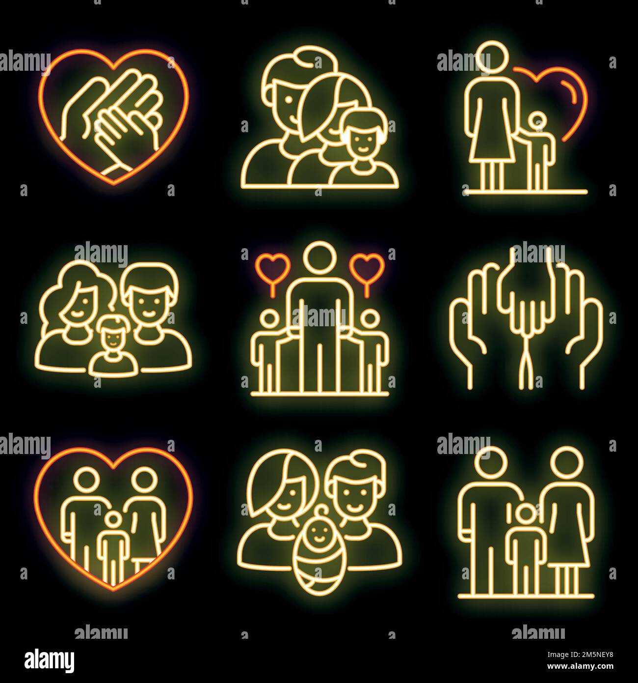 Ensemble d'icônes de famille d'accueil. Ensemble de contours d'icônes vectorielles de famille d'accueil couleur néon sur noir Illustration de Vecteur