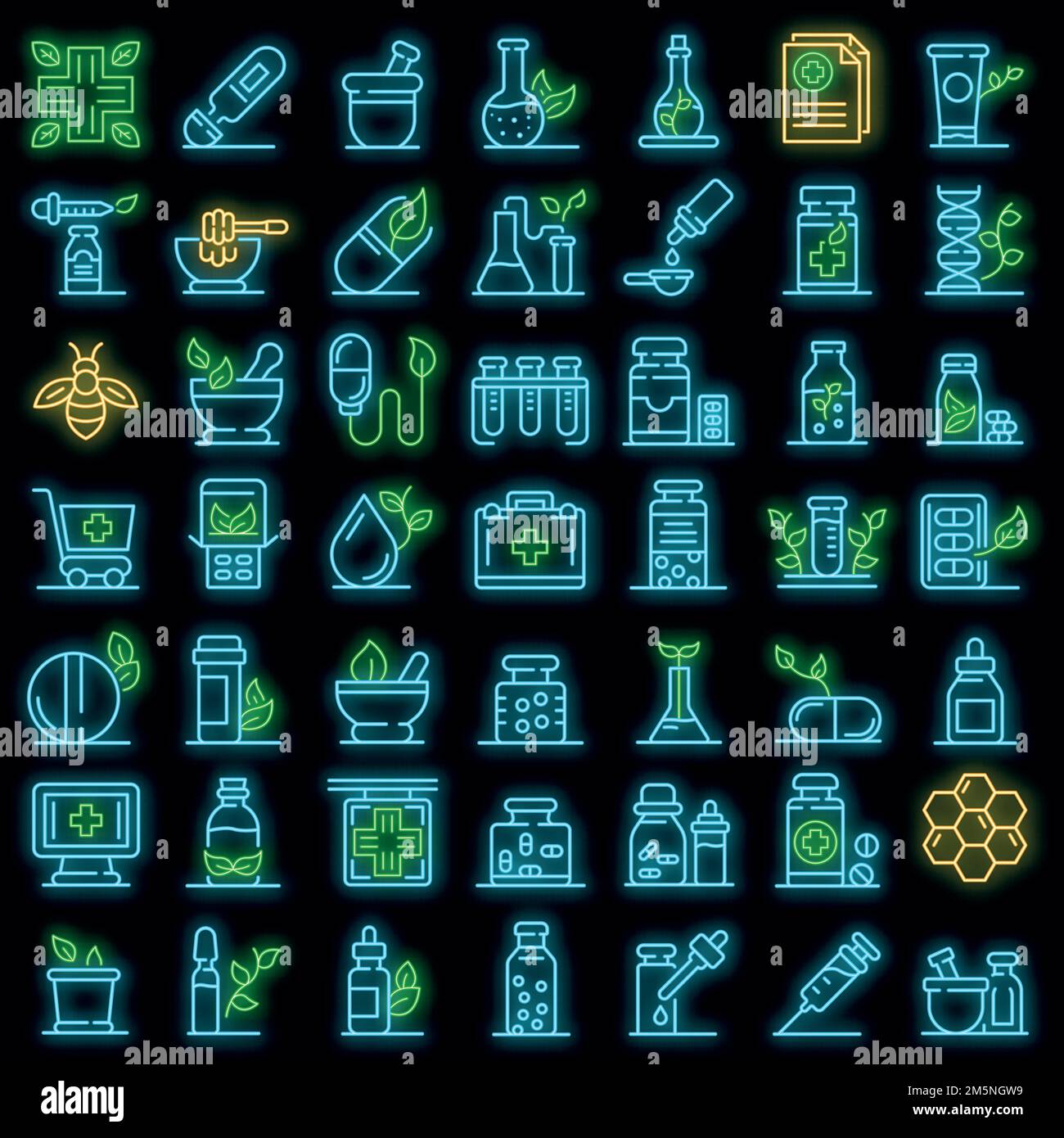 Ensemble d'icônes d'homéopathie. Ensemble de contours des icônes vectorielles de l'homéopathie de couleur néon sur le noir Illustration de Vecteur