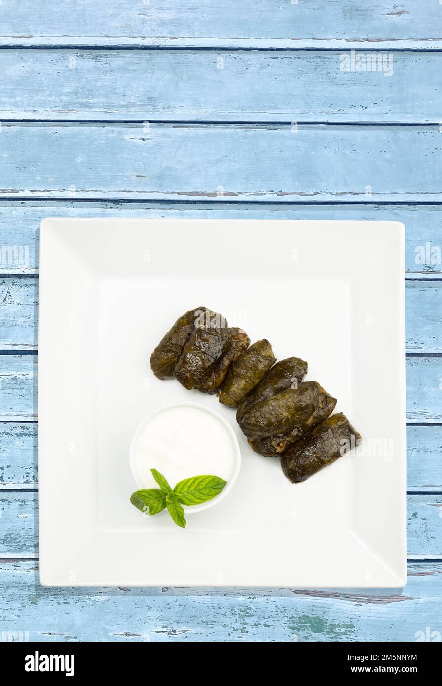 Liban cuisine grecque turque, région méditerranéenne. Avec sauce au yaourt vue de dessus Nom local ; yaprek sarma ou dolmadika , dolma , dolmades Banque D'Images