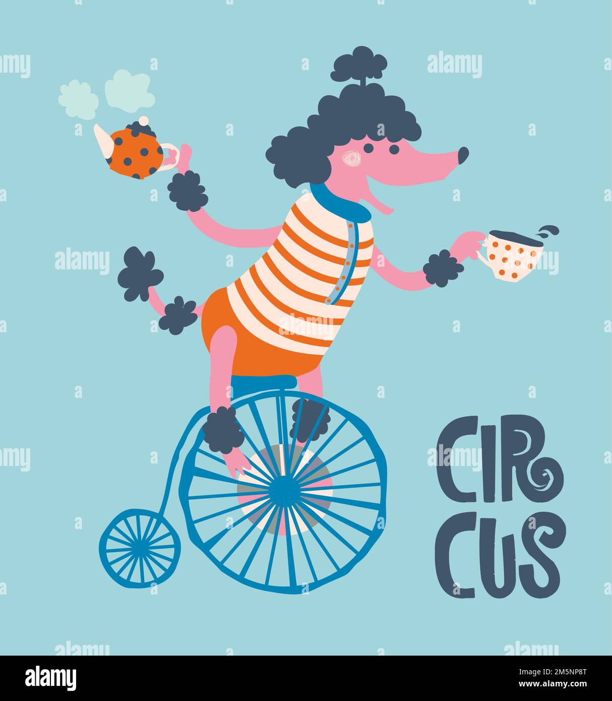 affiche pour un café où un cirque piquant en barman passe un vélo dans une bouilloire et une tasse de thé ou de café Illustration de Vecteur
