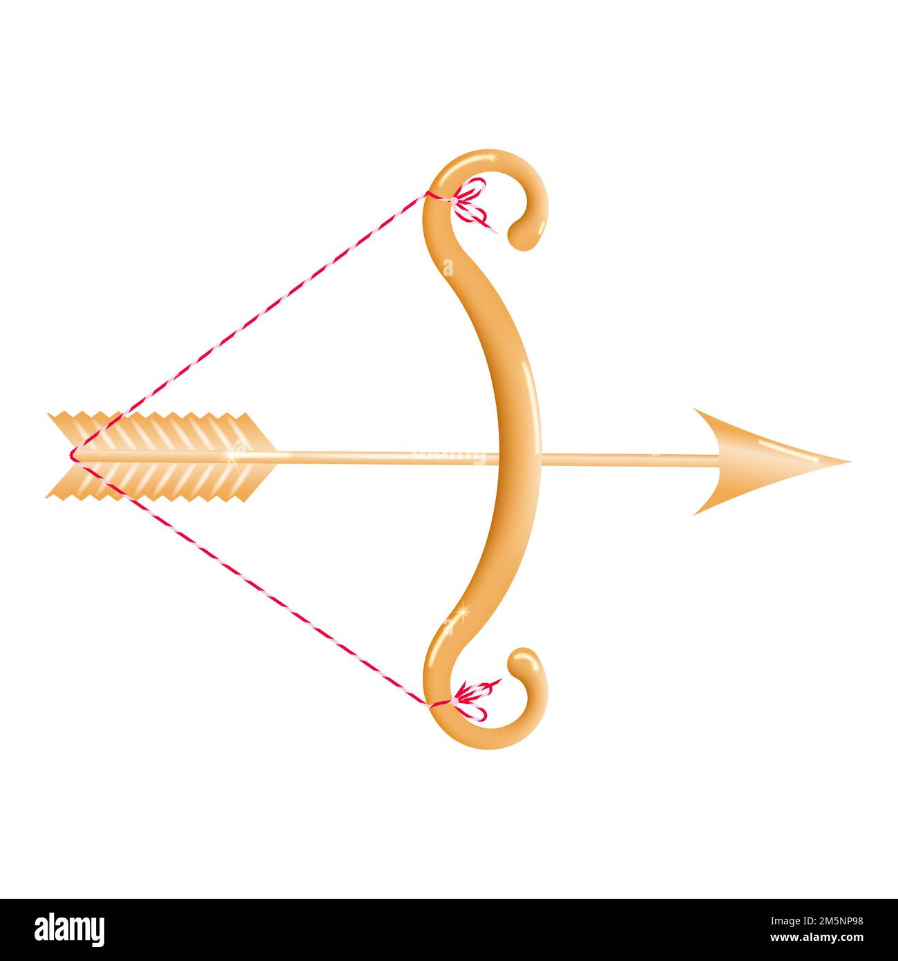 Arc doré 3D avec une corde étirée et une flèche dorée chargée isolée sur un fond blanc. Arc jaune avec flèche. Illustration vectorielle. Illustration de Vecteur