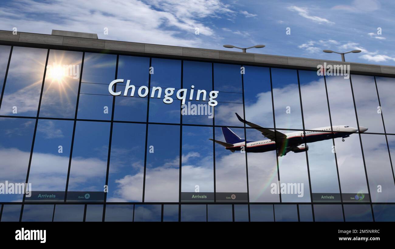 Atterrissage d'un avion à Chongqing, Chine, PRC 3D, illustration du rendu. Arrivée en ville avec le terminal de verre de l'aéroport et le reflet de l'avion à réaction. Banque D'Images