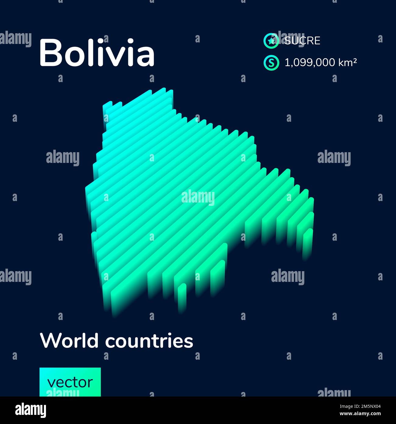 Bolivie 3D carte. Carte vectorielle isométrique au néon numérique stylisé à rayures la carte de la Bolivie est en vert et en couleur menthe sur fond bleu foncé Illustration de Vecteur