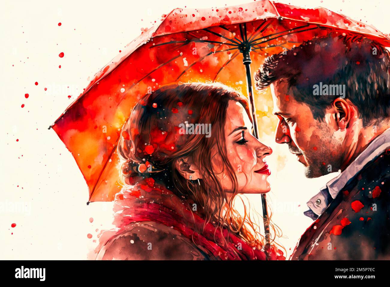 Jeune homme et femme en robe et chaussures. romantique sous un parapluie.  arrière-plan avec éclaboussures de peinture. Amour Photo Stock - Alamy