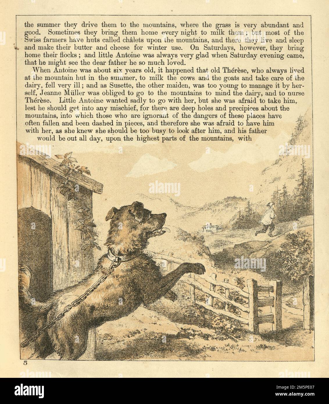 Vintage illustration, petit Antoine et l'ours, suisse, enchaîné chien aboyant à garçon courant loin, victorien 1880s, 19th siècle Banque D'Images