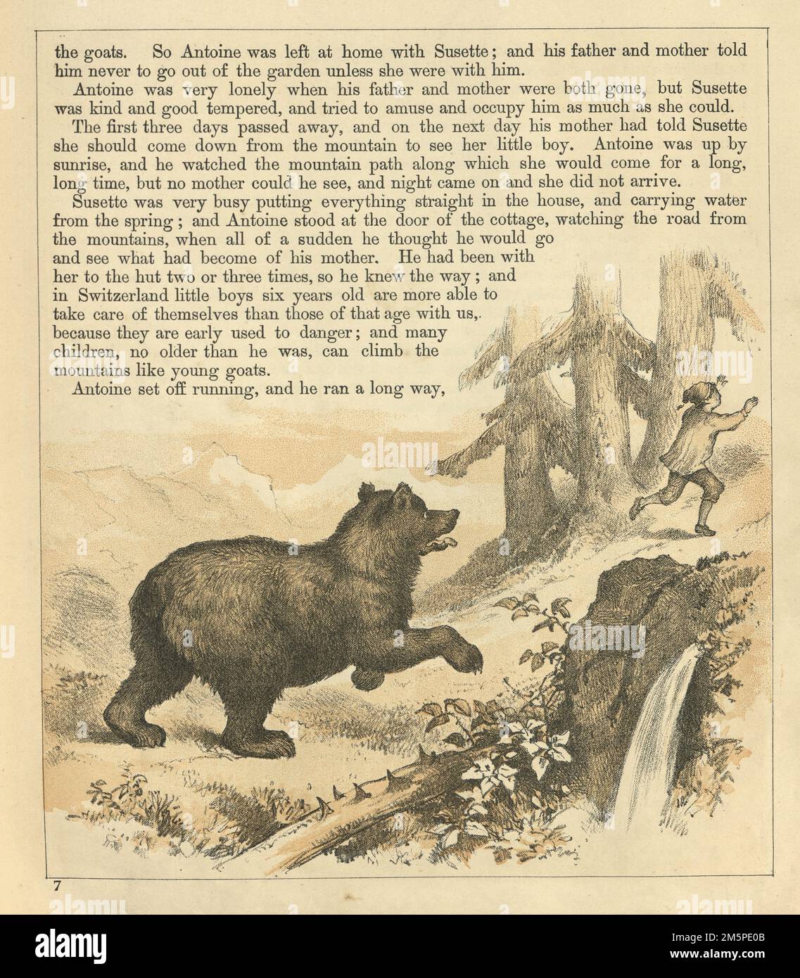 Illustration vintage, petit Antoine et l'ours, suisse, Ours pourchassant un garçon dans le désert, victorien 1880s, 19th siècle Banque D'Images