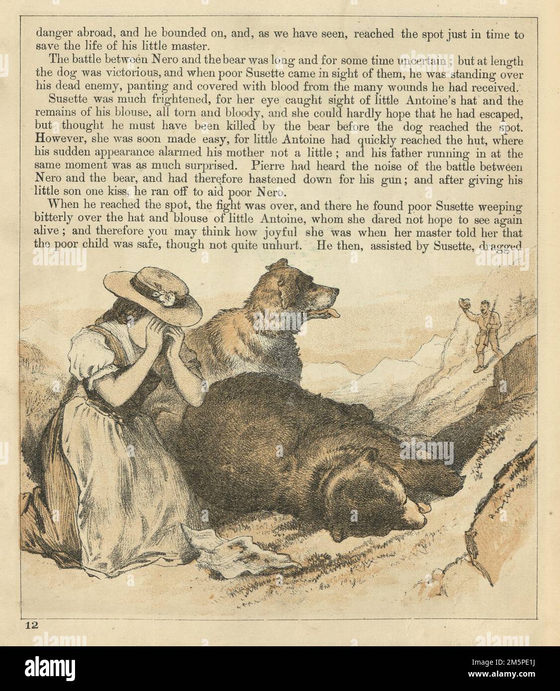 Vintage illustration, petit Antoine et l'ours, mère inquiet son fils a été tué par un ours dans le désert suisse, victorien 1880s, 19th siècle Banque D'Images