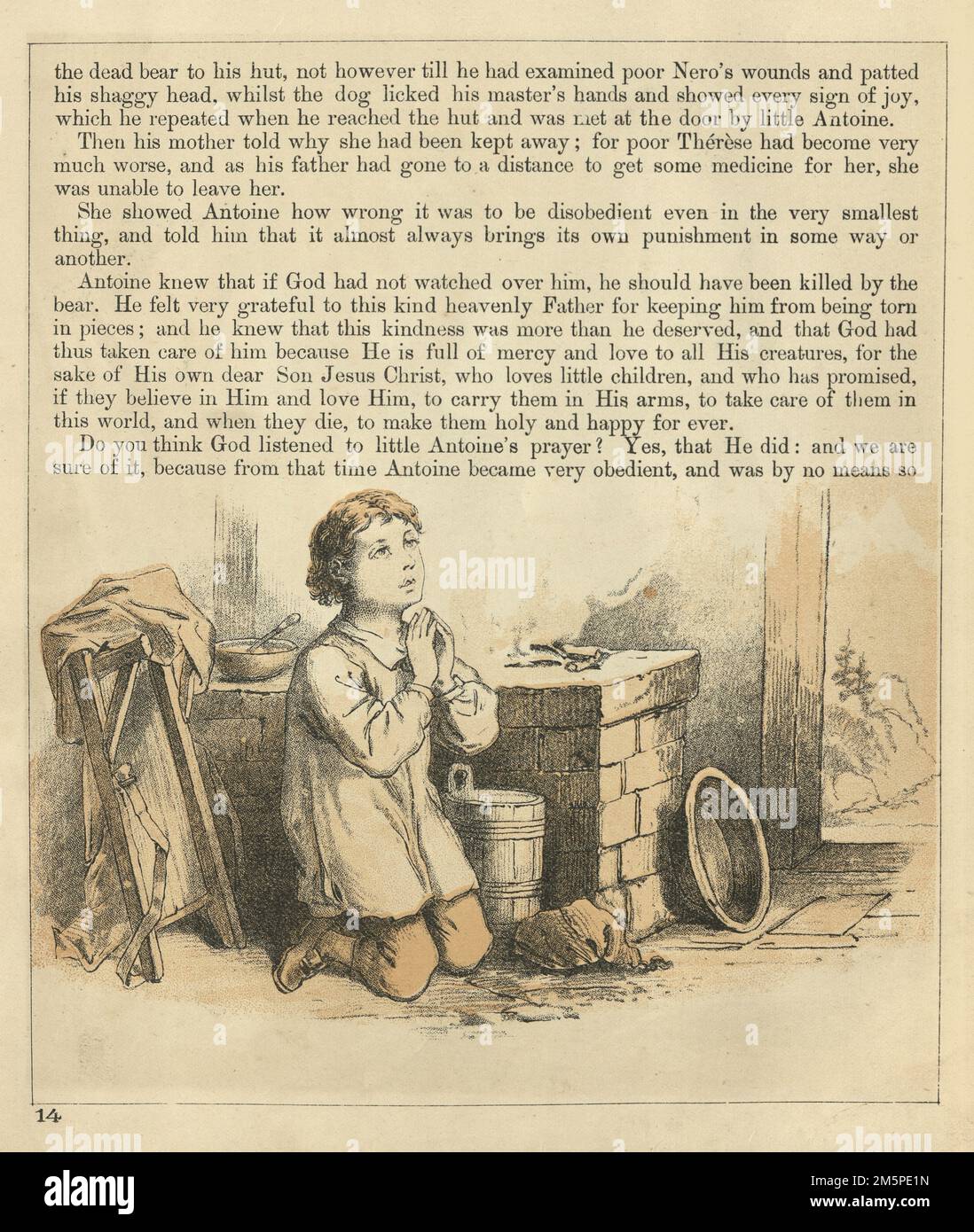 Illustration vintage, petit Antoine et l'ours, suisse, priant Dieu, grâce, victorien 1880s, 19th siècle Banque D'Images