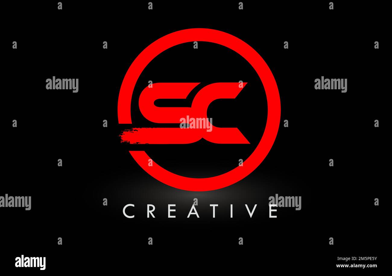 Logo SC Brush Letter avec cercle rouge. Logo d'icône de lettres brossées créatives. Illustration de Vecteur