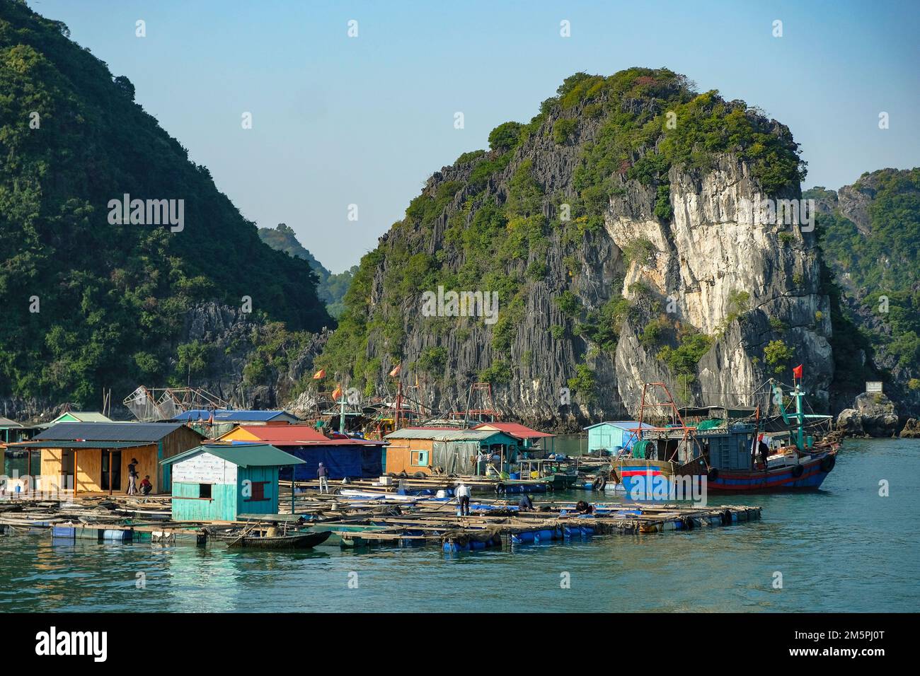 Cat Ba, Vietnam - 21 décembre 2022: Village flottant dans la baie LAN Ha à Cat Ba, Vietnam. Banque D'Images