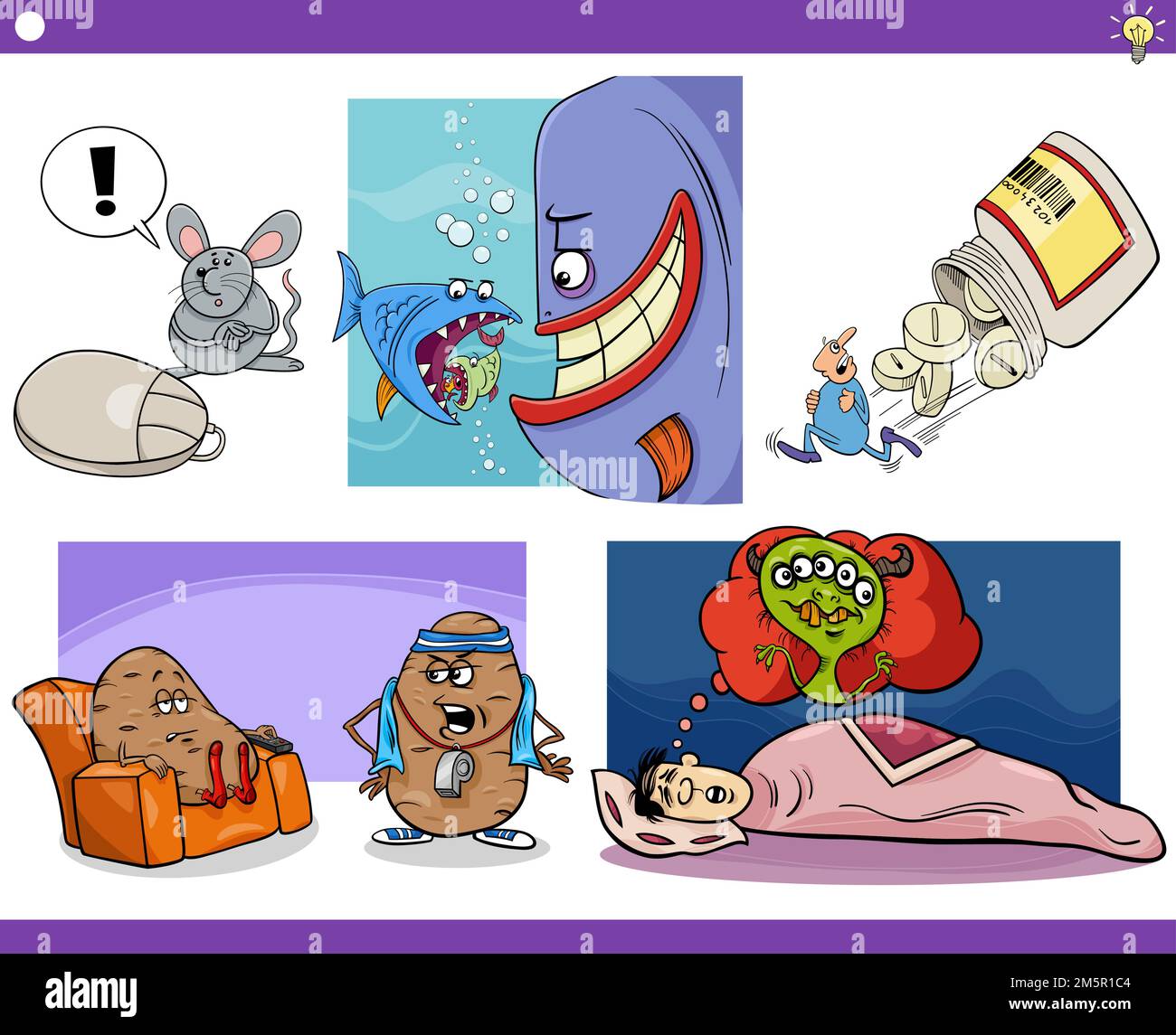 Ensemble d'illustrations de concepts de dessins humoristiques ou de métaphores ou de paroles avec des personnages de bande dessinée Illustration de Vecteur