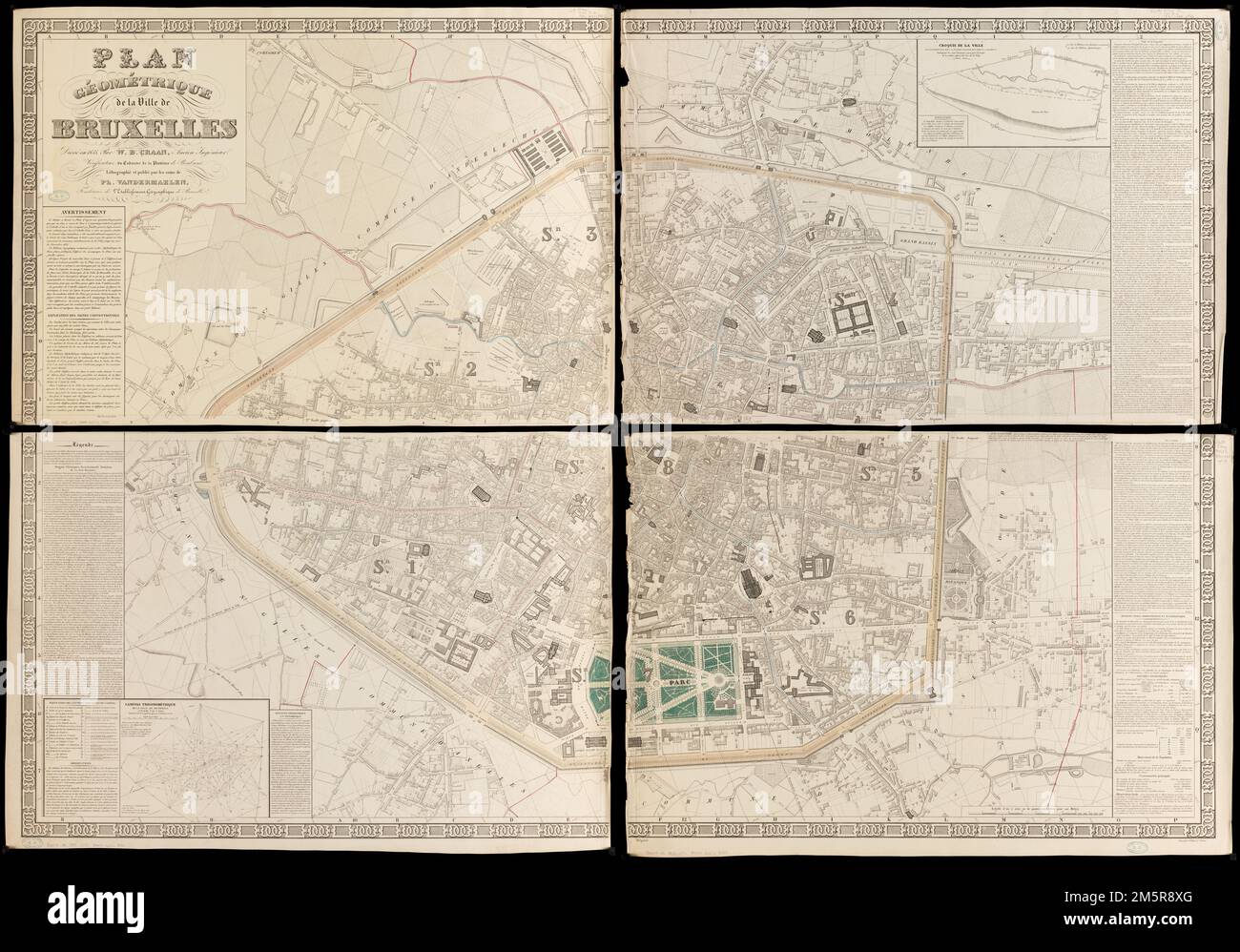 Plan géométrique de la ville de Bruxelles. Orienté vers le nord, en haut à droite. 'Exposé.' Insets: Croquis de la ville -- Canevas trigonométrie de la ville de Bruxelles. Comprend du texte et une bordure décorative , Belgique , région de Bruxelles-capitale , Bruxelles Banque D'Images