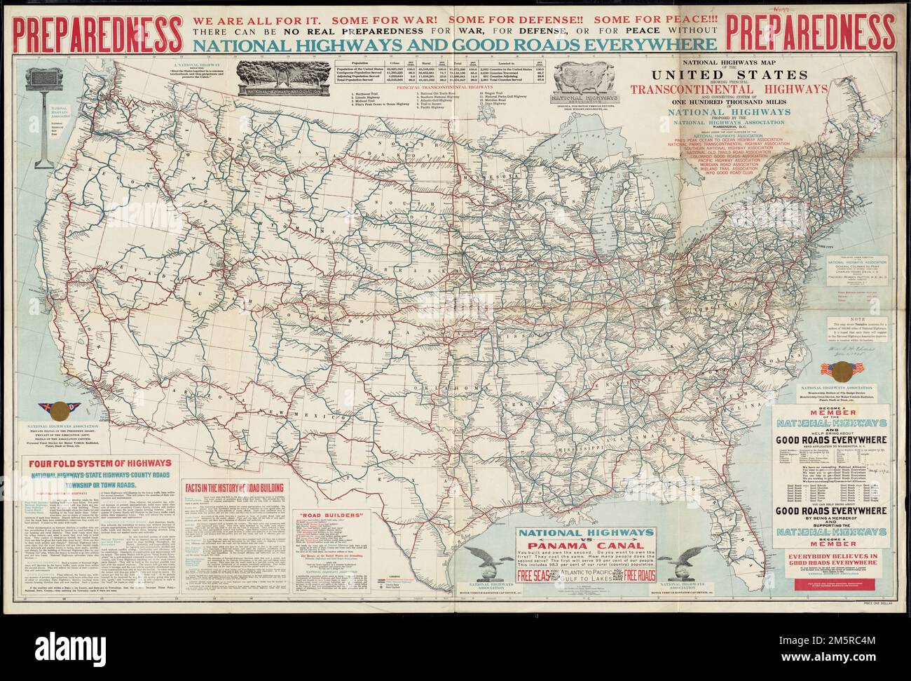 Carte des autoroutes nationales des États-Unis montrant les principales autoroutes transcontinentales et le système de raccordement de cent mille milles d'autoroutes nationales proposé par la National Highways Association. Publié sous la direction de la National Highways Association. 'Cette carte montre les emplacements provisoires pour un système de 100 000 miles d'autoroutes nationales.' Comprend du texte et des messages , États-Unis Banque D'Images
