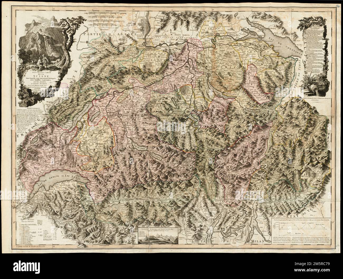 Nouvelle carte de la Suisse dans la laquelle est exactement distinguée les cantons de la cize, leurs alliés, et leurs sous-jets : dressée sur les mémoires les plus corrige, et assujettie aux observations astronomiques. Grugeage illustré par illustration. Inclut 'vue de la Vallée de Chamouny et des glaciers de la Côte du midi, levier de l'Eglise de Chamouny en 1742,' 'Section des principales montagnes à l'est-sud-est, et au Sud de Genève telles que les voix de la plaine de cette ville', texte descriptif et illustrations de cartouilles. Méridien d'origine : Ferro. La conservation de cette pièce a été financée par Alan et SH Banque D'Images