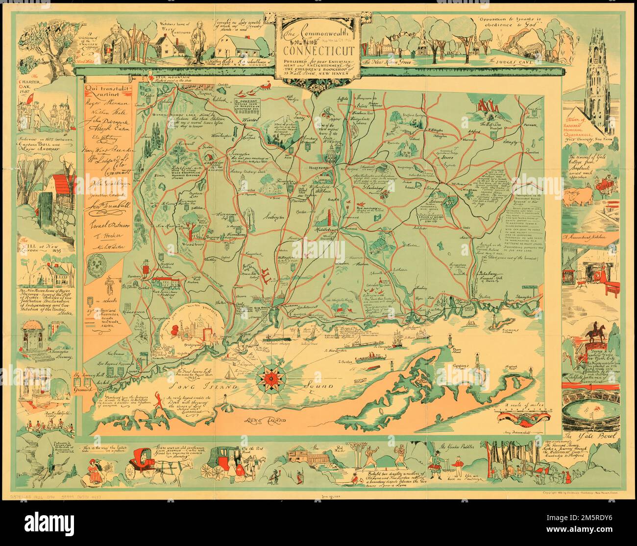 Le Commonwealth du Connecticut. Amy Drevenstedt ---26. Formes de terrain illustrées par illustration. Affiche les routes, les chemins de fer, les rivières, les collèges et les universités. Comprend du texte et des illustrations, des illustrations et du texte en bordure.... , Connecticut Banque D'Images