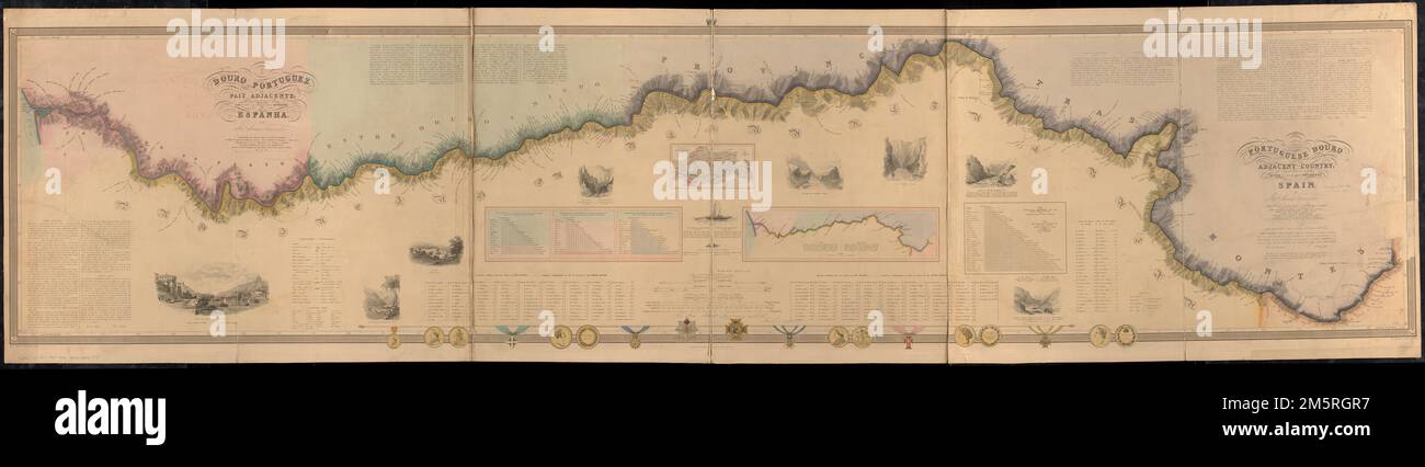 Le Douro portugais et le pays adjacent : et tant de la rivière que l'on peut rendre navigable en Espagne = Douro Portuguez e paiz contiguë com tanto do rio quanto se pode tornar navegavel em Espanha. Relief indiqué par les haches. Nom de l'auteur signé dans la déclaration de responsabilité. Comprend du texte, des tableaux de distance, des références, 2 illustrations de bateaux avec des informations descriptives, des illustrations de médailles le long de la bordure inférieure, 2 insets et 8 vignettes. Insets: Vue géologique du quartier viticole de l'Alto-Douro -- O rio = la rivière. Vignettes : Ponte pentasil do Porto = Pont suspendu, Porto -- Banque D'Images
