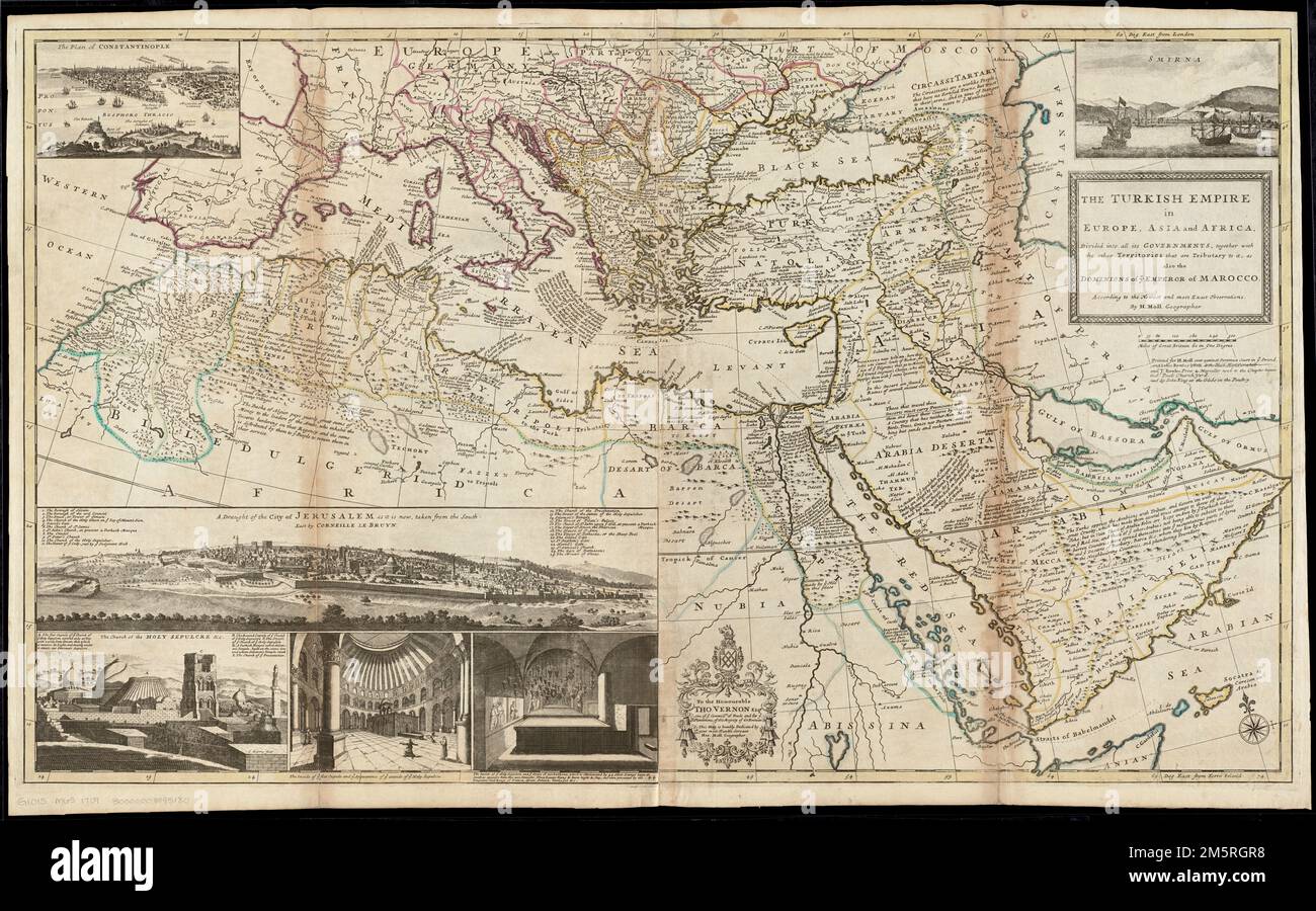 L'Empire turc en Europe, en Asie et en Afrique, se divisa dans tous ses gouvernements, avec les autres territoires qui en sont tributaires, ainsi que les dominons de l'empereur de Marocco. Grugeage illustré par illustration. Premiers méridiens : Londres et Ferro Island. Vues intégrées: Le plan de Constantinople -- Un projet de la ville de Jérusalem telle qu'elle est maintenant, prise du sud-est par Corneille le Bruyn -- l'Église du Saint-Sépulcre (3 vues) / J. Harris fecit -- Smirna. Dévouement : à l'honorable Tho. Vernon Esqr. Un de vous Commissrs. De Commerce pour les plantations de Ye, de sa Majesté du GR. BRI Banque D'Images