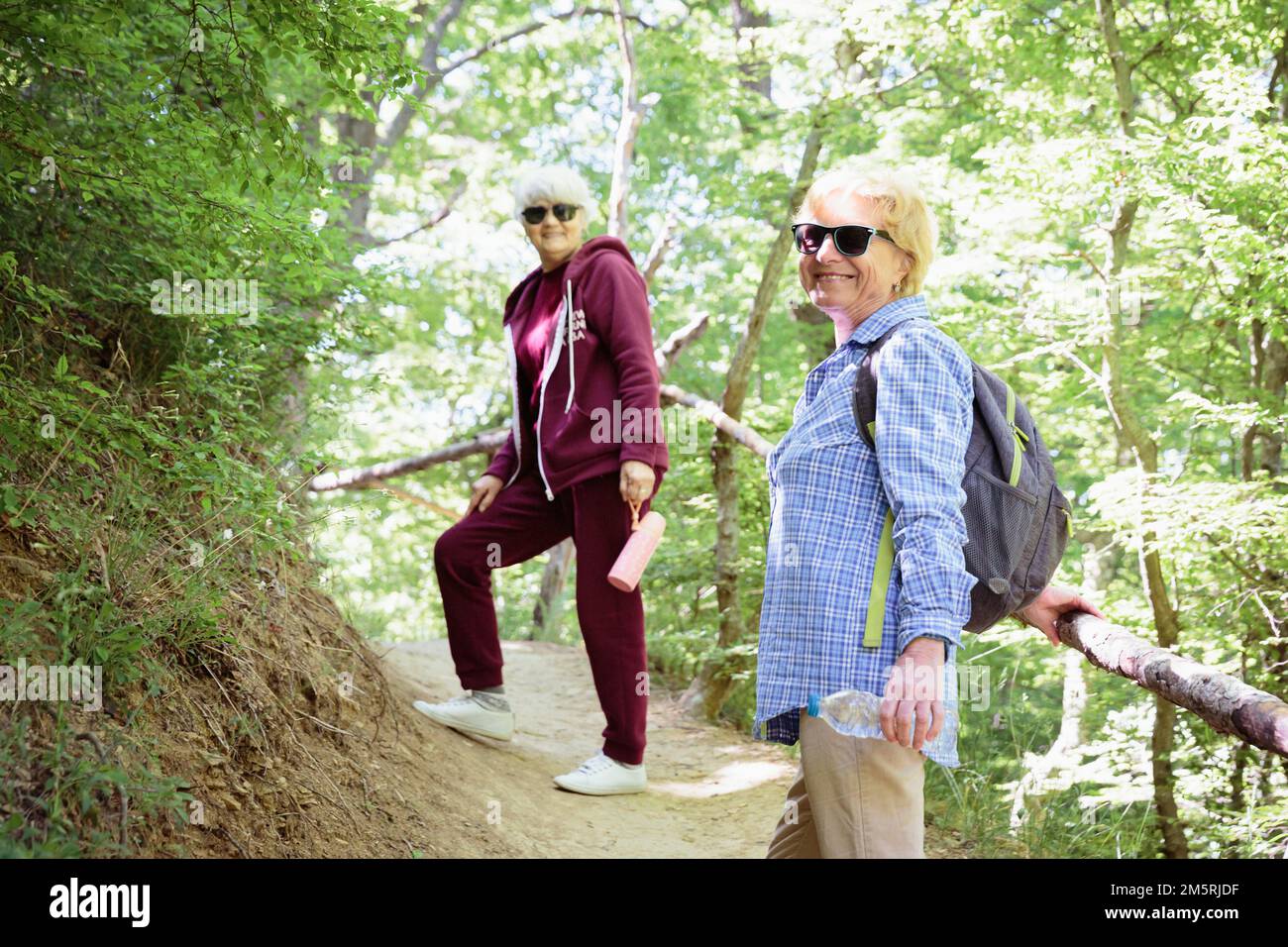 Deux femmes matures passant des vacances à l'extérieur, marchant dans la forêt Banque D'Images