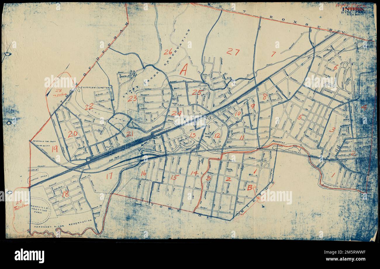 Hyde Park. Partie d'un ensemble de cartes des rues des quartiers de Boston avec marquage manuscrit [subdivisions de recensement?].... , Massachusetts , Suffolk ,comté , Boston , Hyde Park Banque D'Images