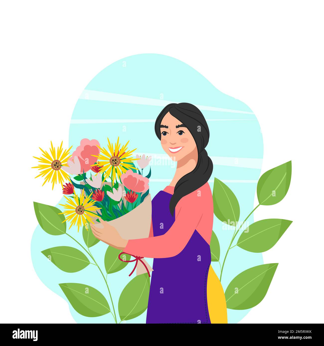 Une jeune femme tient un bouquet luxuriant de fleurs dans ses mains. Illustration vectorielle de style plat. Adorable personnage féminin Illustration de Vecteur